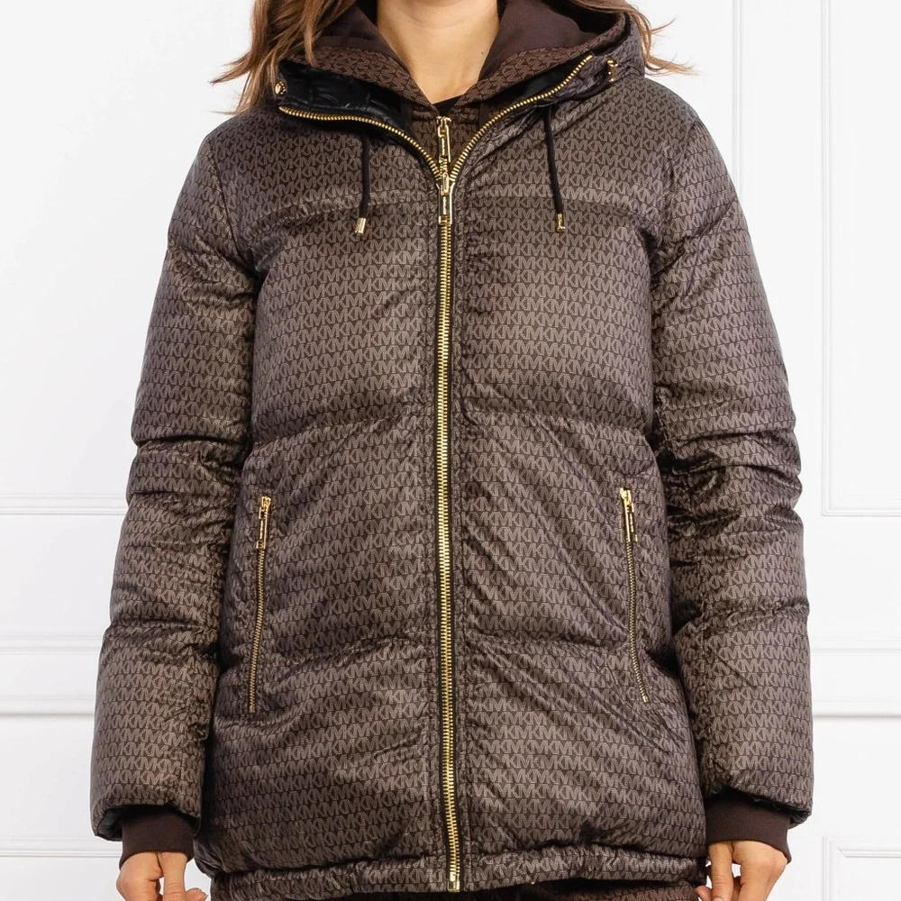Michael Kors MK Monogram Dark Brown Reversible Puffer Jacket With Gold Hardware